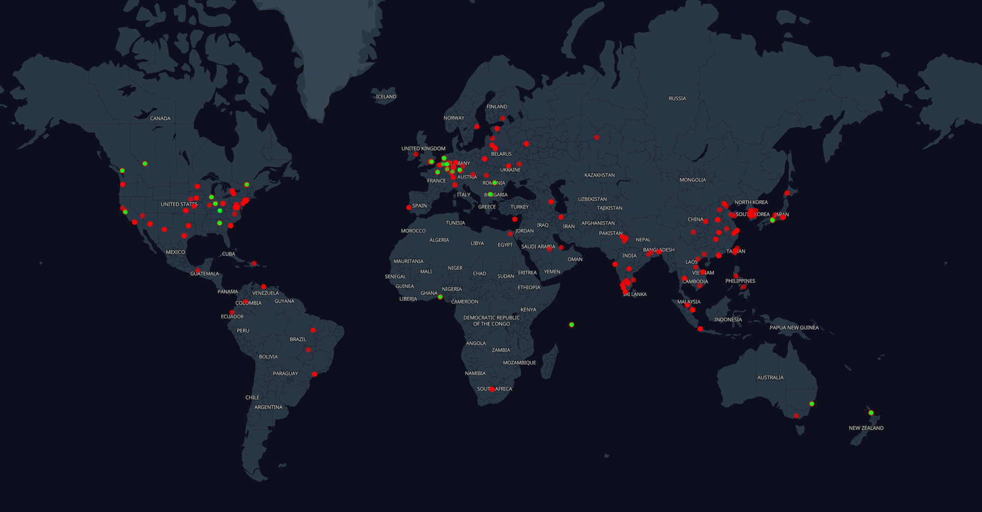 World map plotting every blocked and allowed connection at the firewall edge, red for blocked and green for allowed, concentrated over North America, Europe, and East Asia