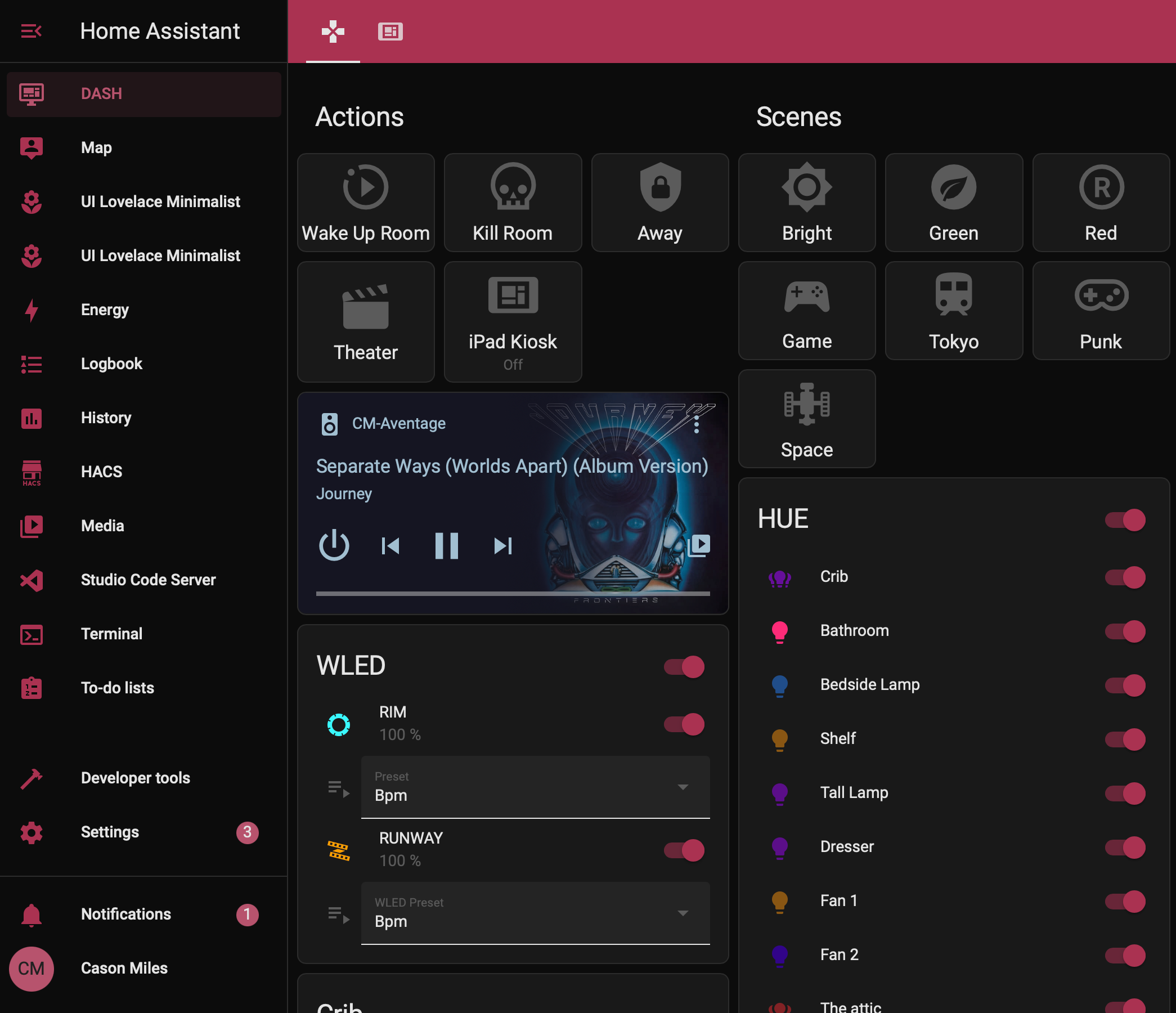 Home Assistant dashboard with room automations, lighting scenes, WLED strip controls, and the full Hue light inventory