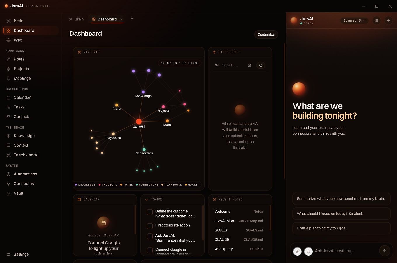 JarvAI's Dashboard view with widgets for the mind map, daily brief, calendar, to-dos, and recent notes, alongside the assistant panel in its ready state with suggested prompts