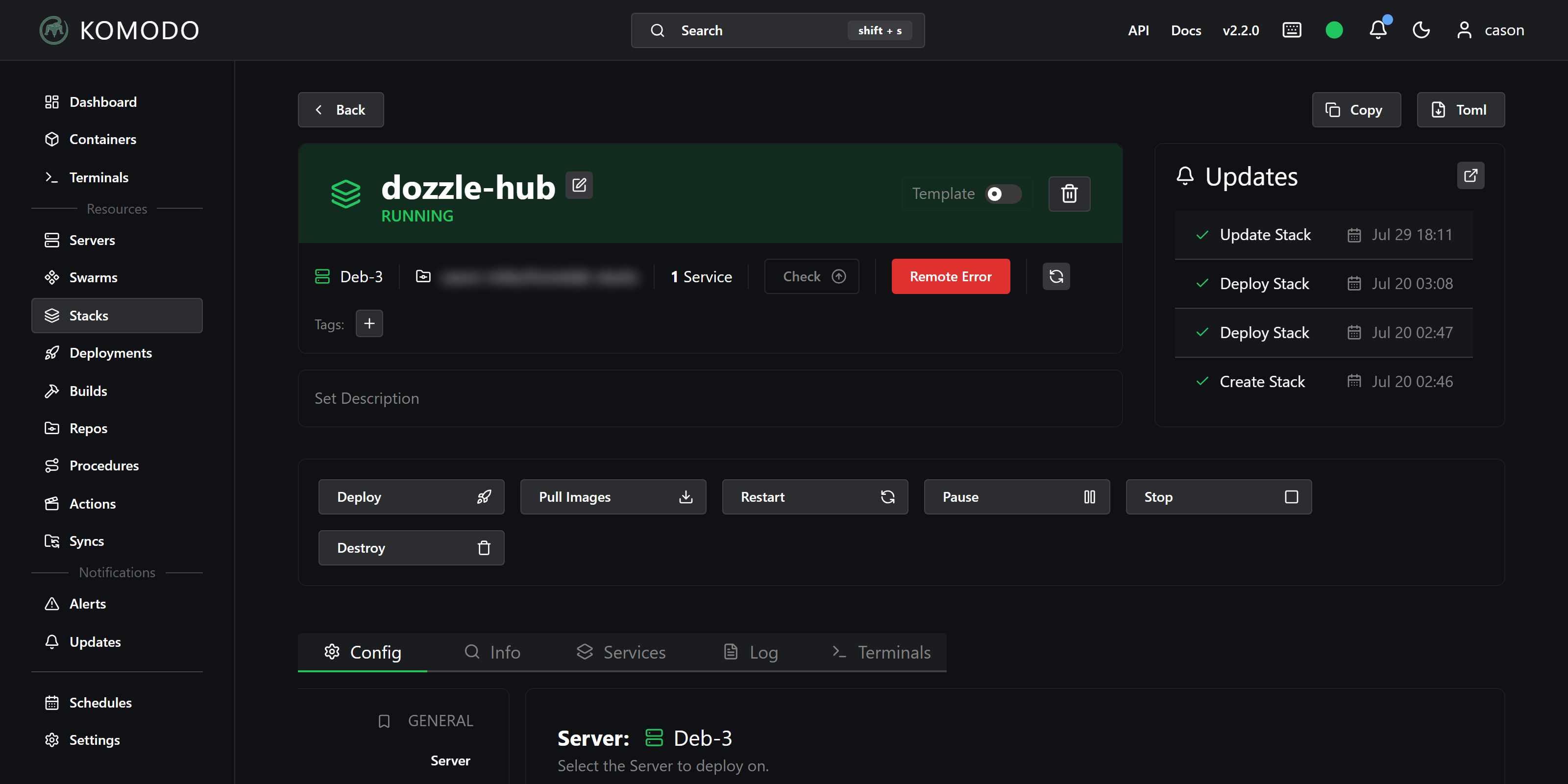 A single Komodo stack detail page showing it deploys from a git repository, with its real deploy history from creation onward listed alongside, and a red remote-error badge on the repository row