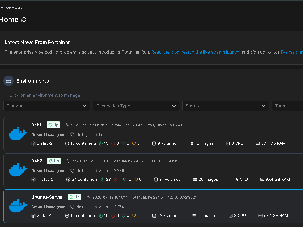 Portainer home screen listing three connected Docker environments, each showing live stack, container, and image counts