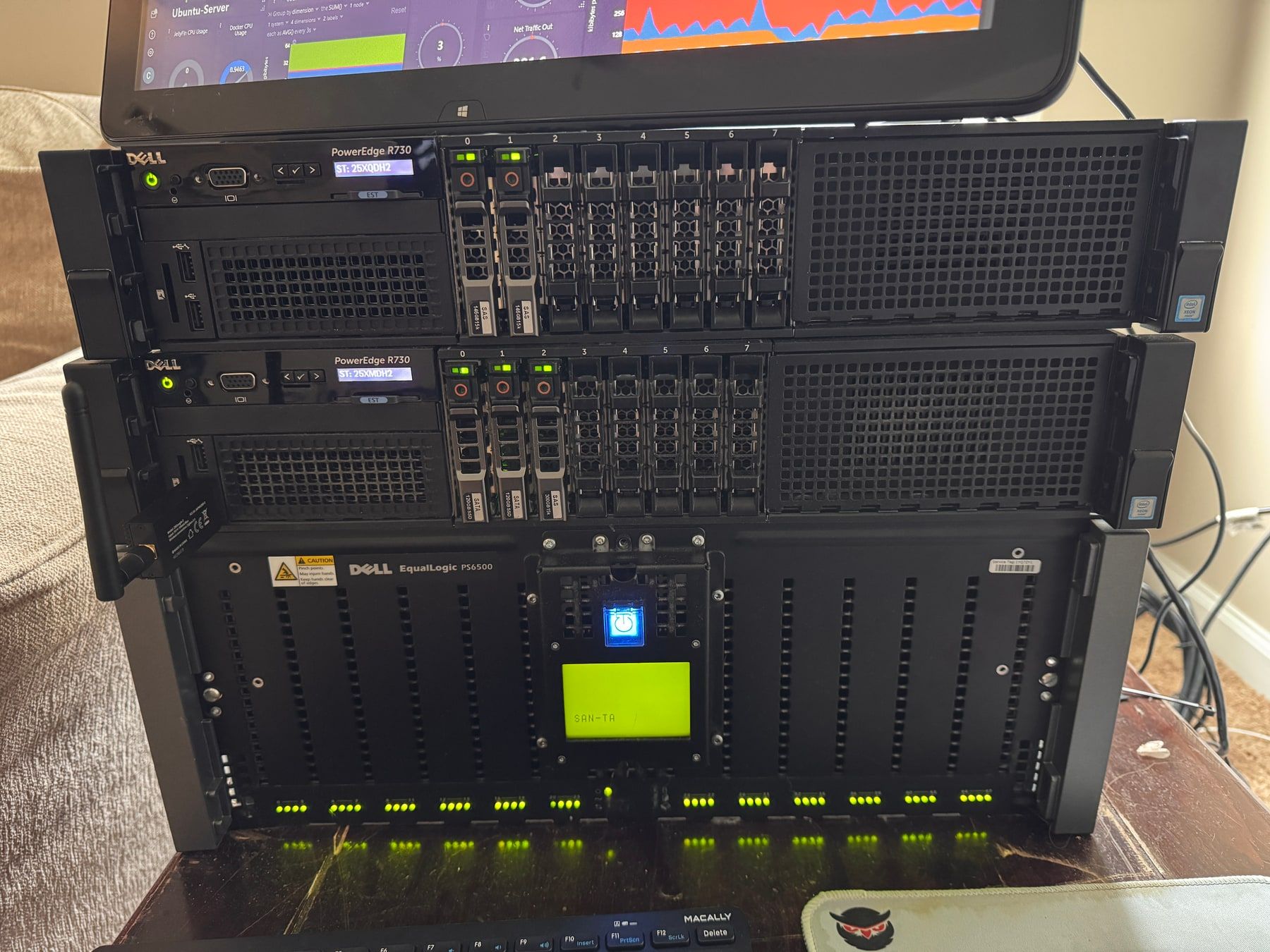 Two Dell PowerEdge R730 servers stacked on a Dell EqualLogic PS6500 SAN chassis, drive bay labels and activity LEDs visible