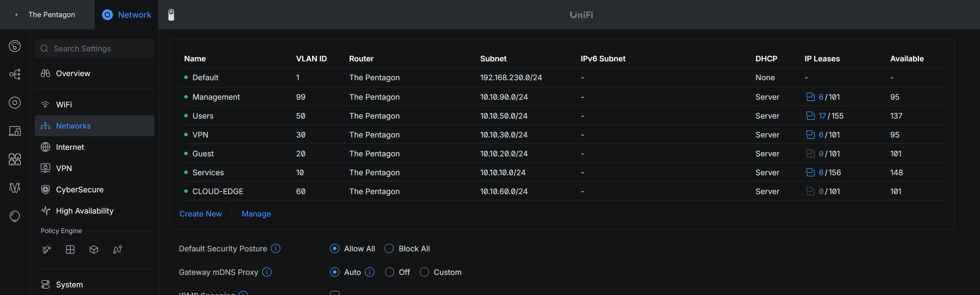 The gateway's network list, showing the services, management, users, VPN, guest and cloud-edge networks each on its own VLAN ID and subnet with its own DHCP scope, above the default VLAN 1 network parked on an unused subnet with DHCP off and no leases