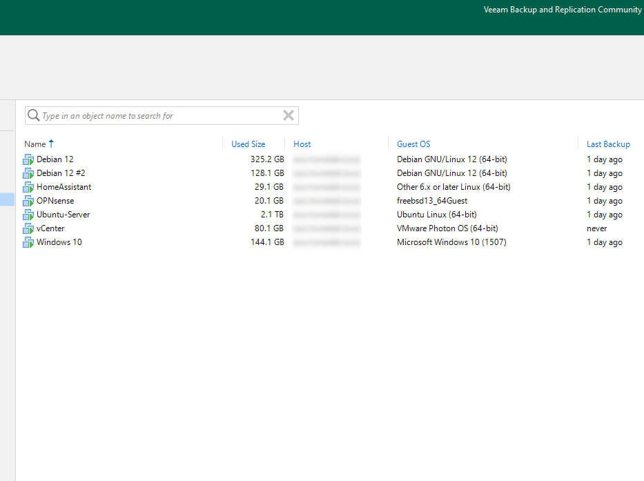 Veeam Backup and Replication inventory listing protected virtual machines with guest OS and last-backup timestamps